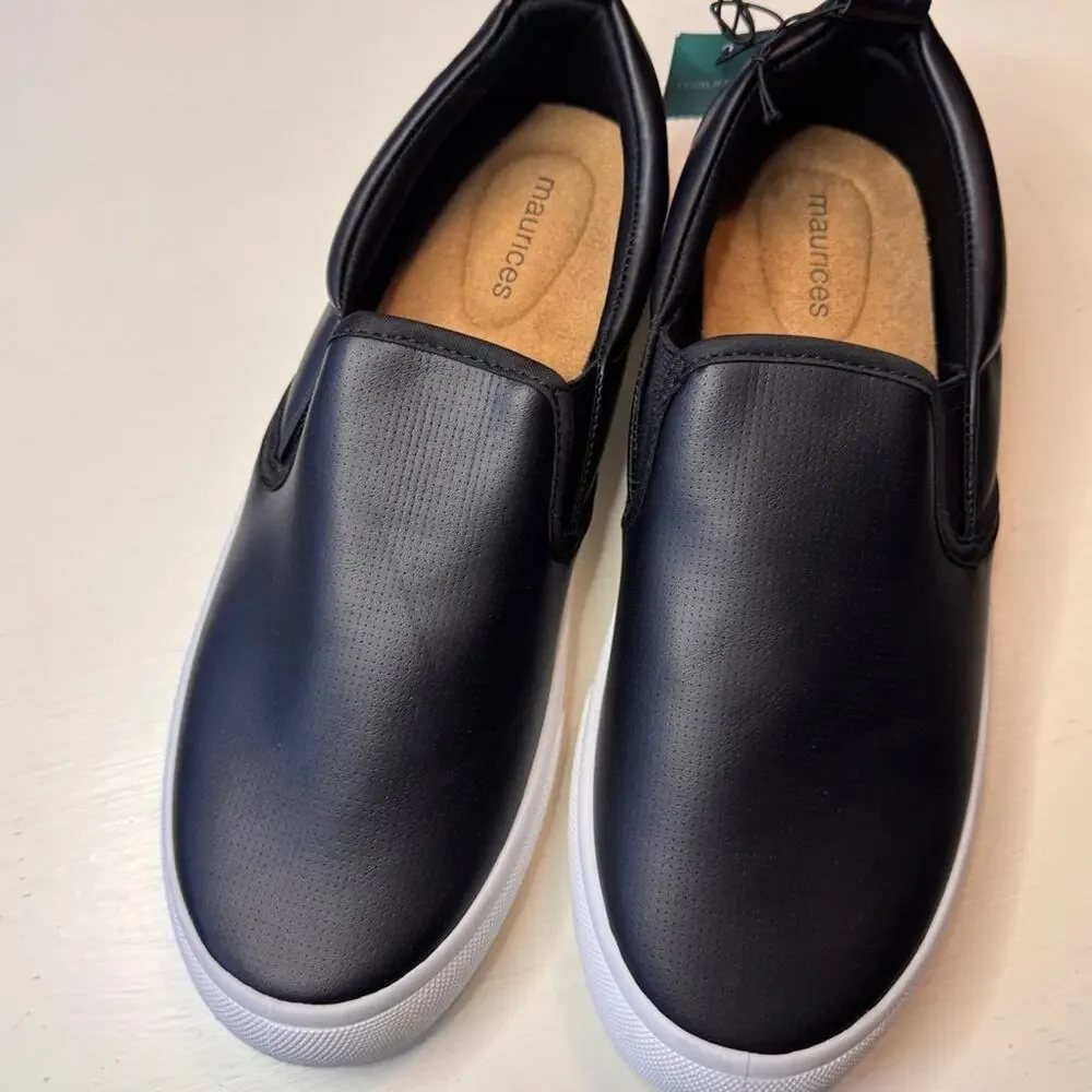 Maurices Black Athleisure Slip-On Low Heel Black White Sneaker Shoes Sz10 NWT